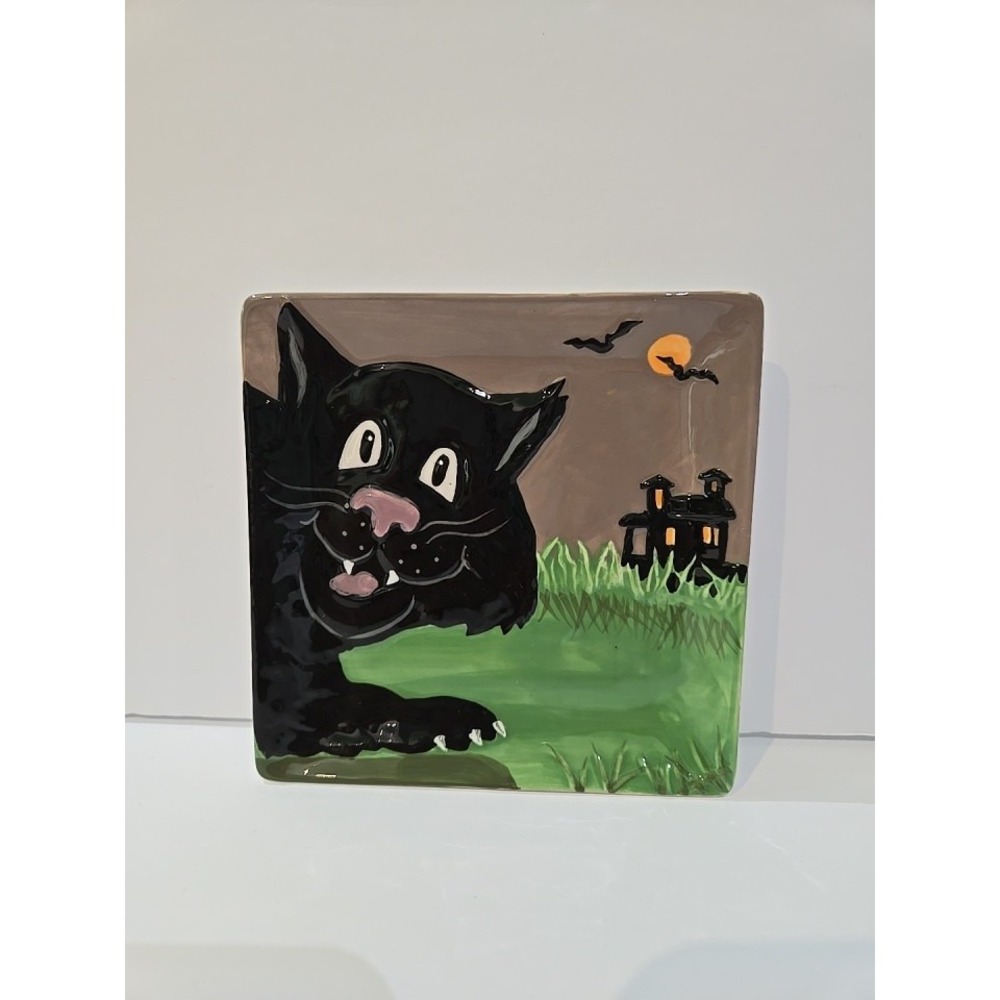Halloween Black Cat & Haunted House Bats Ceramic Dish MWW Market 4 1/2" Square